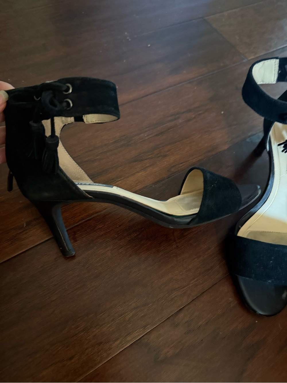 Alex Marie Black Suede Ankle-Tie Open-Toe Heels